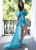 Off-the-shoulder Bow Satin Short Homecoming Dress with Side Tail HZ1023