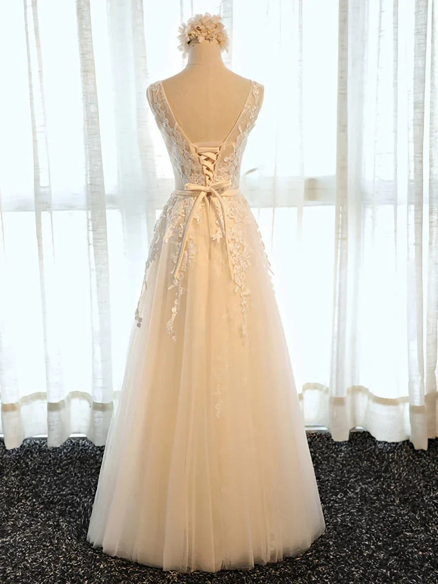A Line Round Neck Appliques Tulle Prom Dress Formal Evening Dress HZ1023