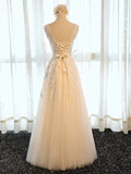 A Line Round Neck Appliques Tulle Prom Dress Formal Evening Dress HZ1023