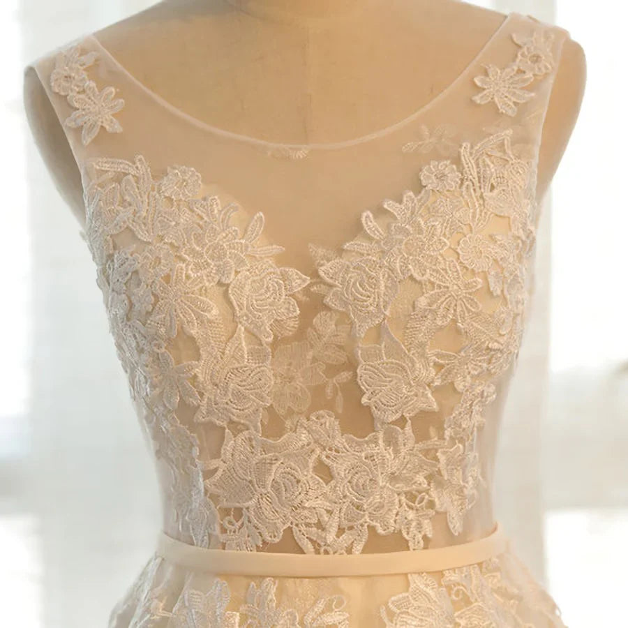 A Line Round Neck Appliques Tulle Prom Dress Formal Evening Dress HZ1023