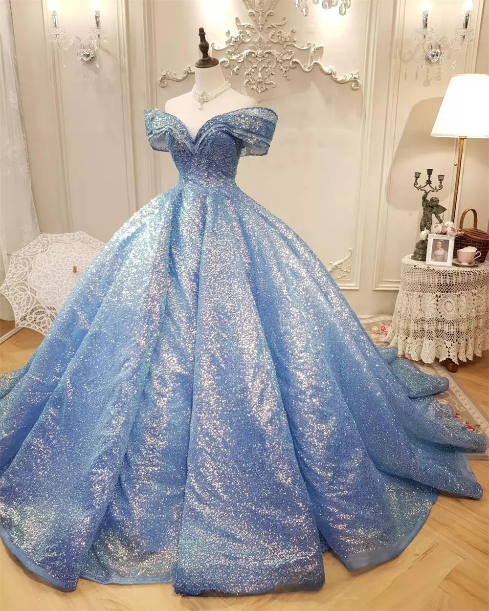 Blue Ball Gown Off-the-shoulder Sequins Quinceanera Dresses HZ1023