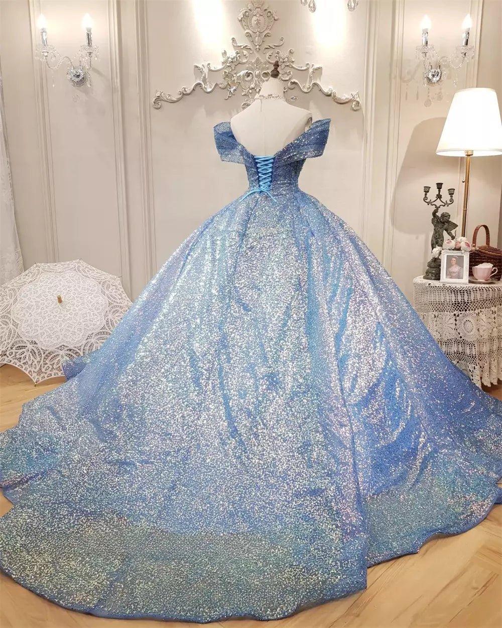 Blue Ball Gown Off-the-shoulder Sequins Quinceanera Dresses HZ1023