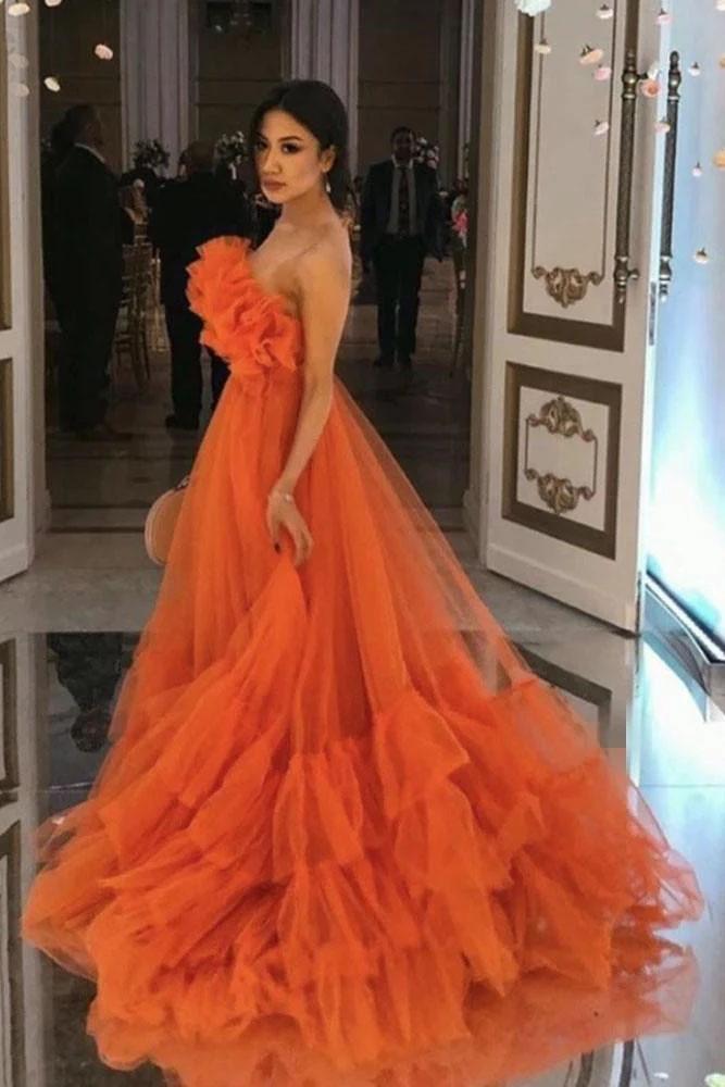 Orange Ruffles Tulle Evening Party Dresses Strapless Tiered Long Prom Dresses HZ1023