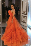 Orange Ruffles Tulle Evening Party Dresses Strapless Tiered Long Prom Dresses HZ1023