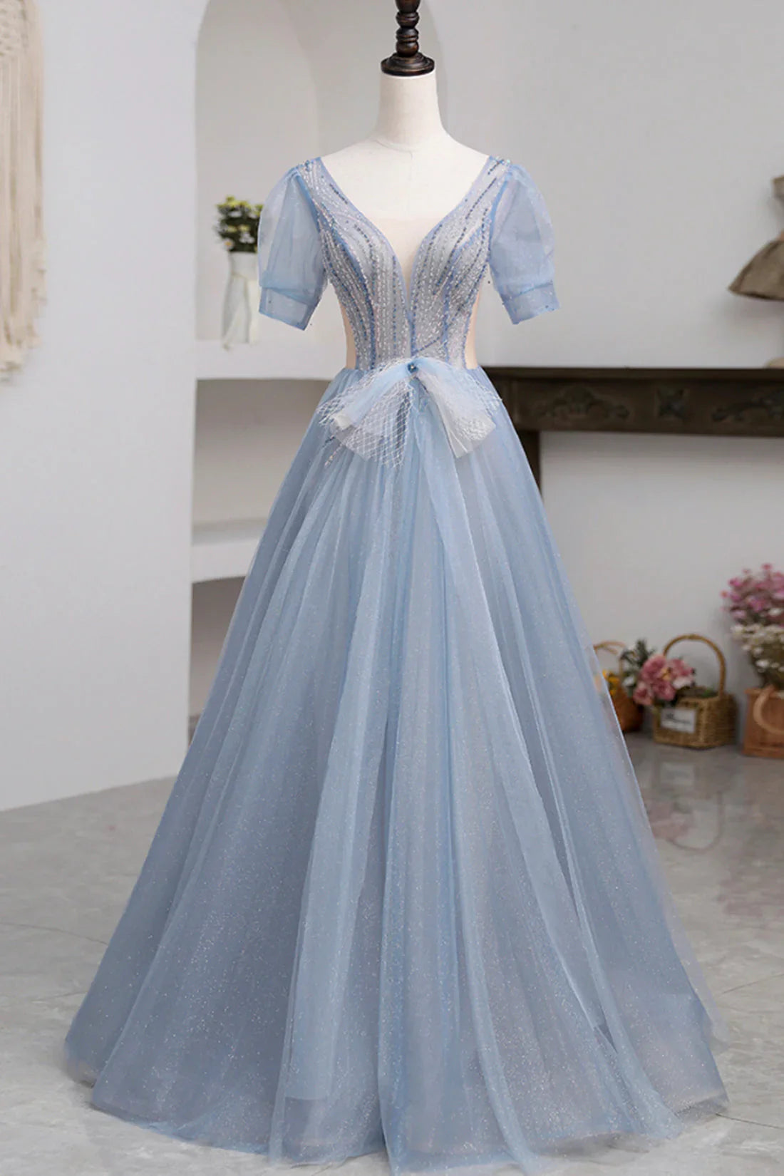 Blue Short Sleeve Tulle Floor Length Prom Dress with Beaded HZ1023