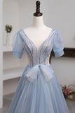 Blue Short Sleeve Tulle Floor Length Prom Dress with Beaded HZ1023