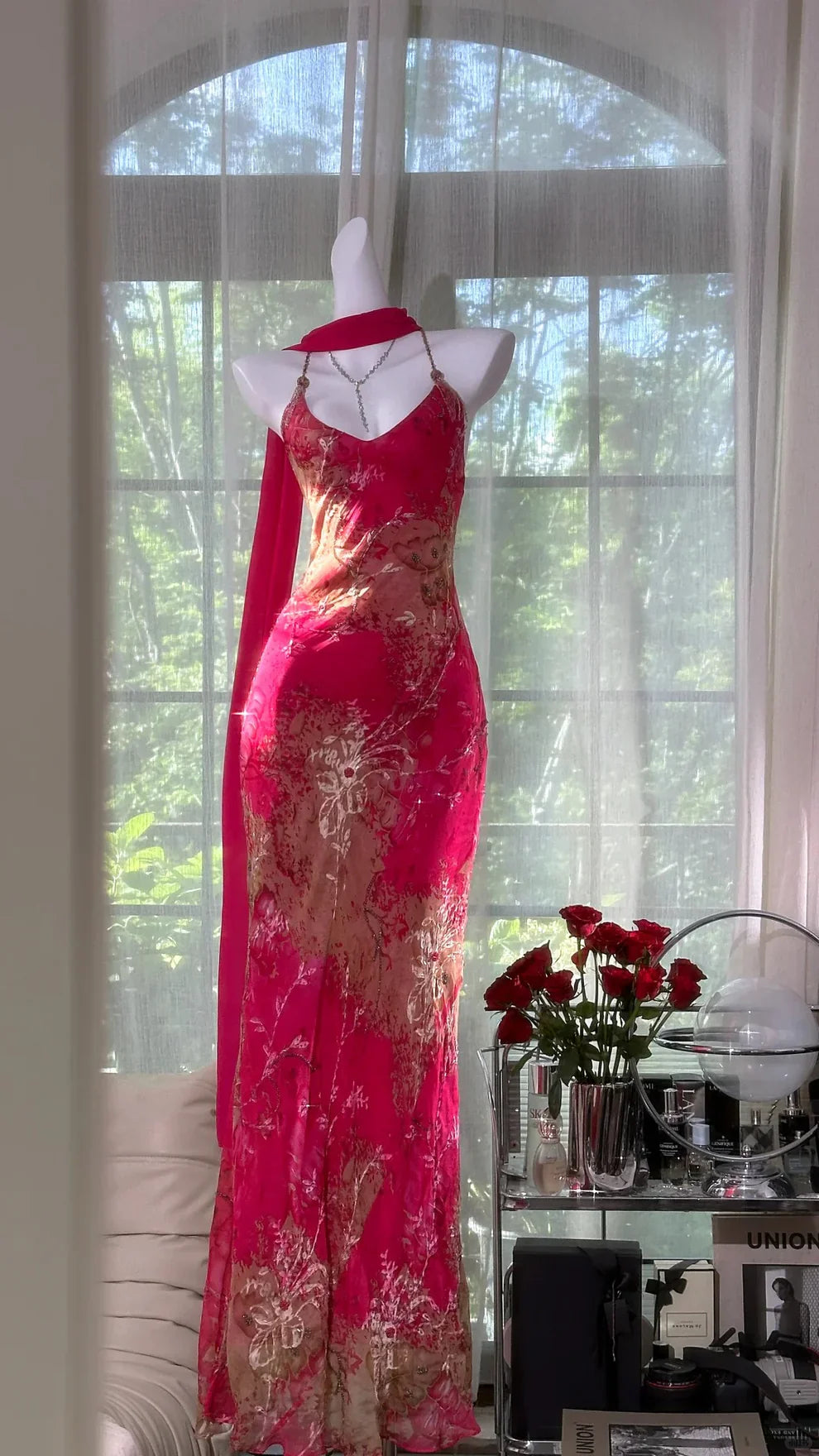 Sexy Mermaid Spaghetti Strap Pink Print Floral Chiffon Prom Dress Wedding Guest Dress HZ1023