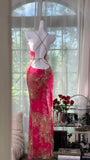 Sexy Mermaid Spaghetti Strap Pink Print Floral Chiffon Prom Dress Wedding Guest Dress HZ1023