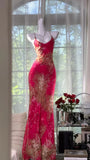 Sexy Mermaid Spaghetti Strap Pink Print Floral Chiffon Prom Dress Wedding Guest Dress HZ1023