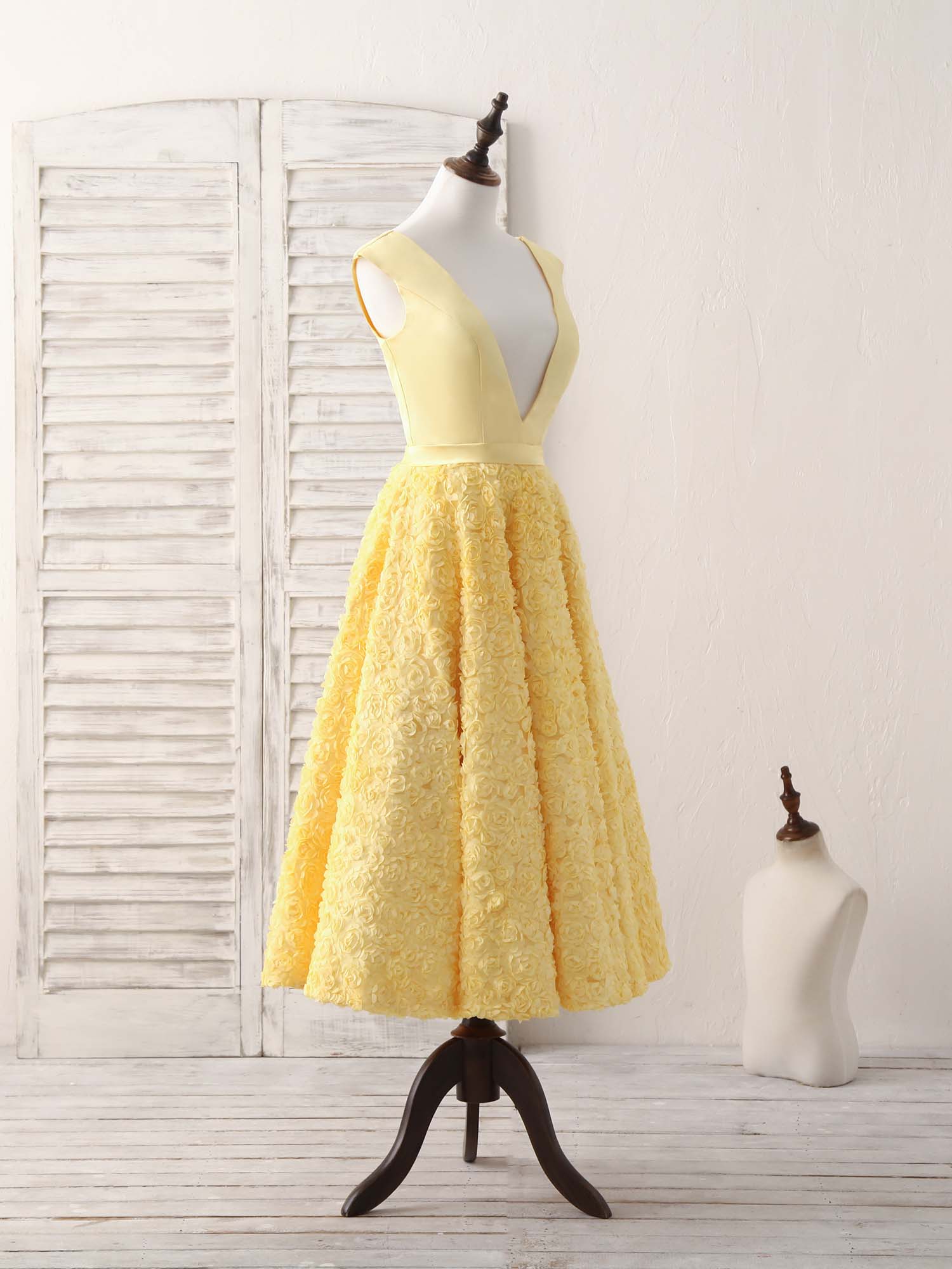 Yellow V Neck 3D Floral Satin Tea Long Homecoming Dress HZ1023