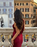 Simple Mermaid V Neck Burgundy Satin Open Back Prom Dress Evening Dress HZ1023