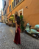 Simple Mermaid V Neck Burgundy Satin Open Back Prom Dress Evening Dress HZ1023