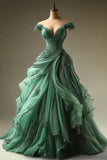 Unique A Line Off the Shoulder Appliques Green Tulle Prom Dress Evening Dress HZ1023