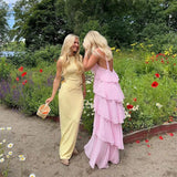 Pink A Line Halter Ruffle Chiffon Long Evening Dress Prom Dress HZ1023