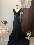 Vintage A Line V Neck Black Lace Tulle Prom Dress Evening Dress with Bow HZ1023