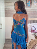 Unique A Line Spaghetti Strap Beaded Embroidered Ruffle Blue Chiffon Homecoming Dress HZ1023