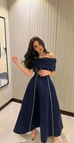 Navy Blue A Line Off the Shoulder Satin Prom Dress Party Dress Date Dress HZ1023