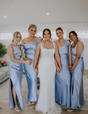 Gentle Sheath Strap Blue Satin Evening Dress Bridesmaid Dress with Slit HZ1023