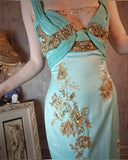 Gorgeous Sheath Strap Appliques Sequin Beaded Blue Satin Prom Dress Evening Dress HZ1023