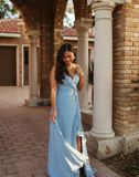 Gentle A Line Ruffle Blue Chiffon Evening Dress Bridesmaid Dress with Slit HZ1023