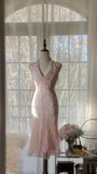 Cute Mermaid Halter Beaded Light Pink Chiffon Short Party Dress Evening Dress HZ1023