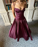 Elegant A Line Spaghetti Strap Burgundy Satin Long Prom Dress Evening Dress HZ1023
