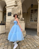Cute A Line Strapless Blue Tea Length Prom Dress,Homecoming Dress HZ1023