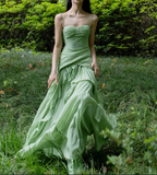Flowy Ruffle Green A Line Spaghetti Strap Chiffon Evening Dress Party Dress HZ1023