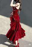 Burgundy Exquisite Mermaid Spaghetti Strap Beaded Velvet Long Party Dress Cocktail Dress HZ1023