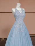 Dreamy Baby Blue A Line Halter Sequin Beaded Tulle Long Prom Dress Party Dress HZ1023