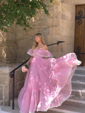 Pink Tulle Off The Shoulder Lace Long Prom Dress£¬Elegant Evening Dress HZ1023