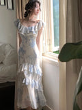 Gentle Mermaid Strap Print Flower Blue Chiffon Party Dress Evening Dress HZ1023