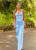 Elegant Blue Sheath Straps Corset Satin Long Prom Dress Evening Dress HZ1023