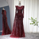 Luxury Burgundy A Line Sleeve Beaded Sequins Tulle Prom Dress HZ1023