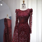 Luxury Burgundy A Line Sleeve Beaded Sequins Tulle Prom Dress HZ1023