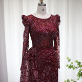 Luxury Burgundy A Line Sleeve Beaded Sequins Tulle Prom Dress HZ1023