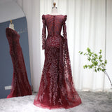 Luxury Burgundy A Line Sleeve Beaded Sequins Tulle Prom Dress HZ1023
