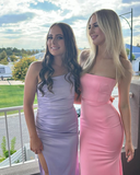 Simple Mermaid Strapless Pink Satin Long Prom Dress Evening Dress HZ1023