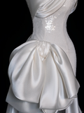 Cute Sheath Strapless Bow White Sequin Satin Long Sweep Prom Dress Graduation Prom Dress HZ1023