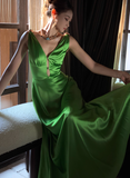 Classic Green A Line V Neck Satin Long Prom Dress Party Dress HZ1023