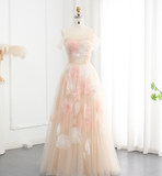 Dreamy A Line Off the Shoulder 3D Flower Tulle Prom Dress Evening Dress HZ1023