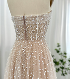 Elegant A Line Strapless Sequin Pearl Beaded Tulle Long Prom Dress Evening Dress HZ1023