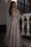 Pink Tulle Sequins Off the Shoulder Prom Dress With Split HZ1023