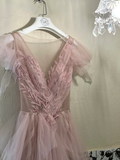 Classic Pink A Line V Neck Beaded Tulle Long Party Dress Prom Dress Formal Dress HZ1023
