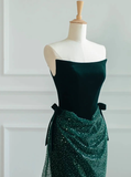 Green A Line Strapless Velvet Sequin Long Sweep Prom Dress Graduation Prom Dress HZ1023