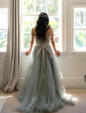 Pretty A Line Strapless Appliques Grey Tulle Long Prom Dress Evening Dress HZ1023