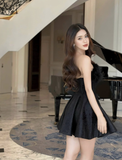 Cute Black A Line Strapless Corset Feather Satin Short Homecoming Dress Cocktail Dress HZ1023