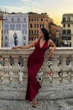 Simple Mermaid V Neck Burgundy Satin Open Back Prom Dress Evening Dress HZ1023