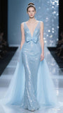 Blue Mermaid V Neck Bow Sequin Tulle Long Sweep Prom Dress Party Dress HZ1023