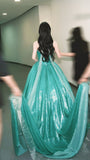 Gorgeous A Line Strapless Green Sequin Long Sweep Party Dress Evening Dress HZ1023